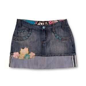 Y2K Victoria Couture x Hello Kitty Denim Mini Skirt Floral Embroider Women's  28